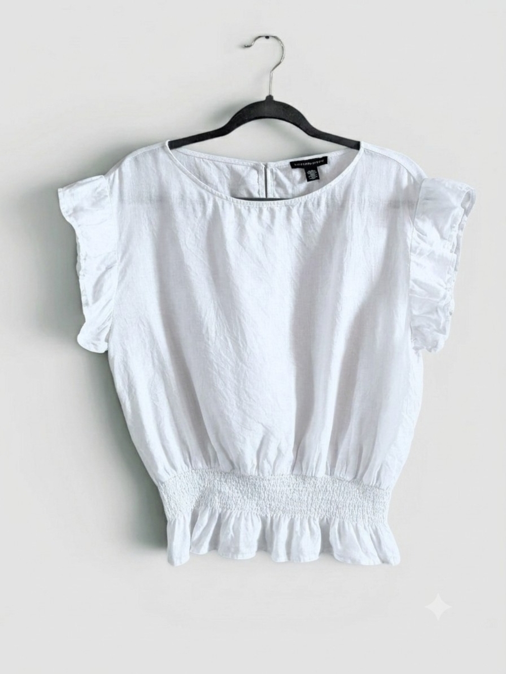 Saks Fifth Avenue White 100% Linen Cap-Sleeve Blouse With Smocked Waist XL